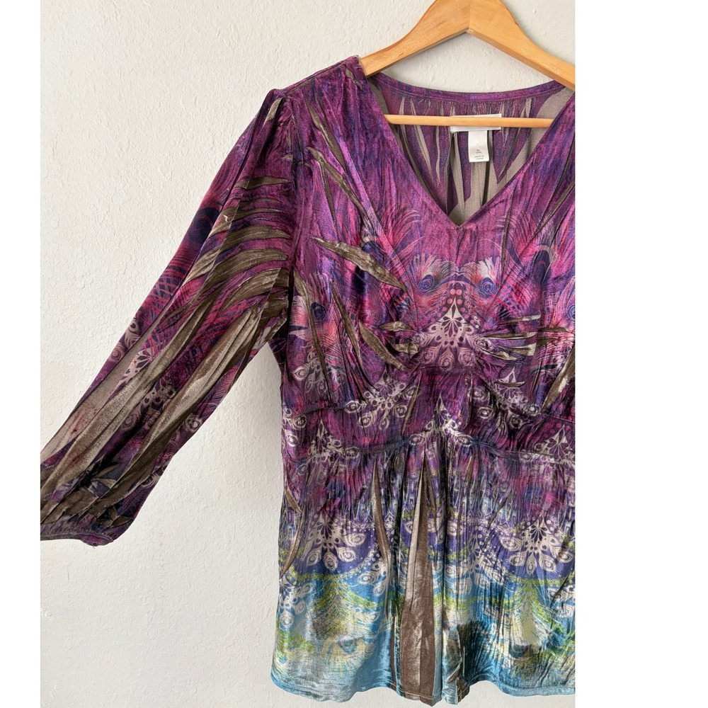 Womens Boho Babydoll Peacock Feather Print Tunic Top XL Long Ethereal Fairycore - Picture 4 of 7